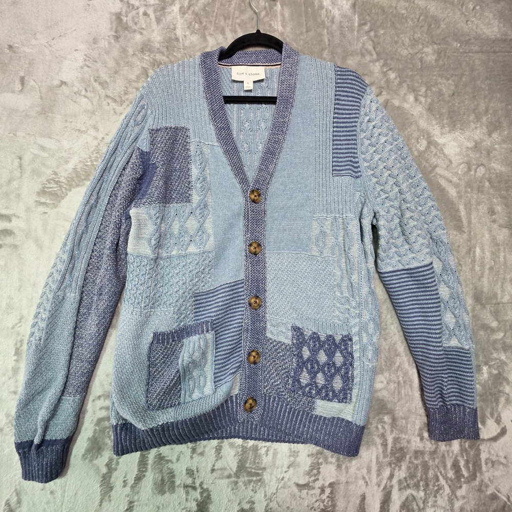 Sun + Stone Mens Blue Patchwork Cable Knit Cotton Cardigan Sweater XL Heavy
